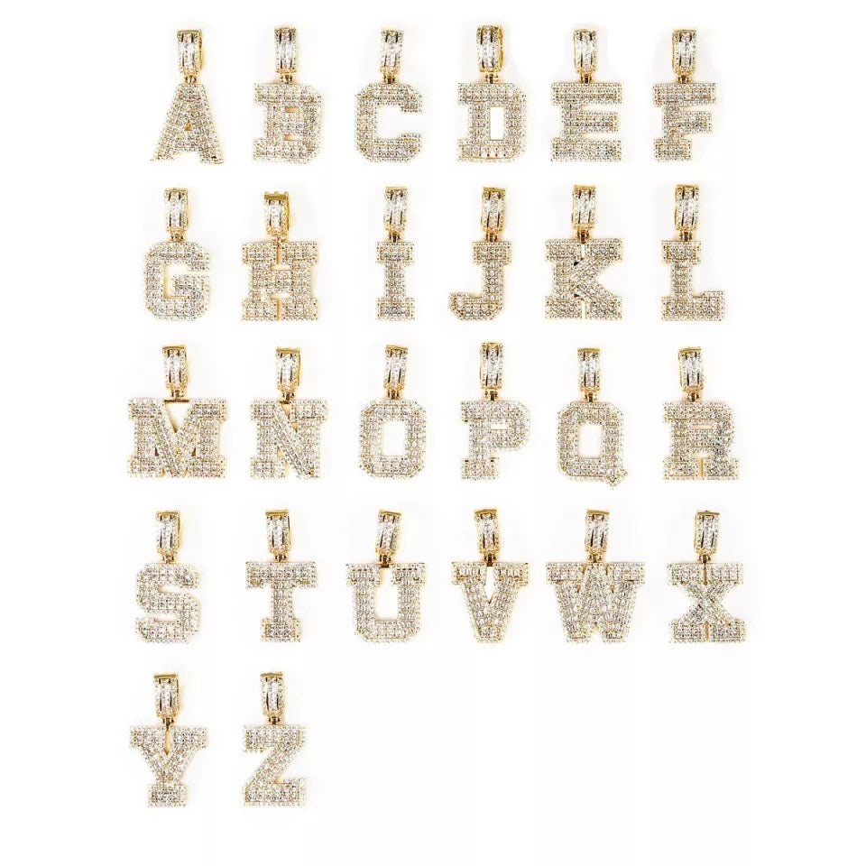 Iced Baguette Letter Pendant in gold letters a through z.