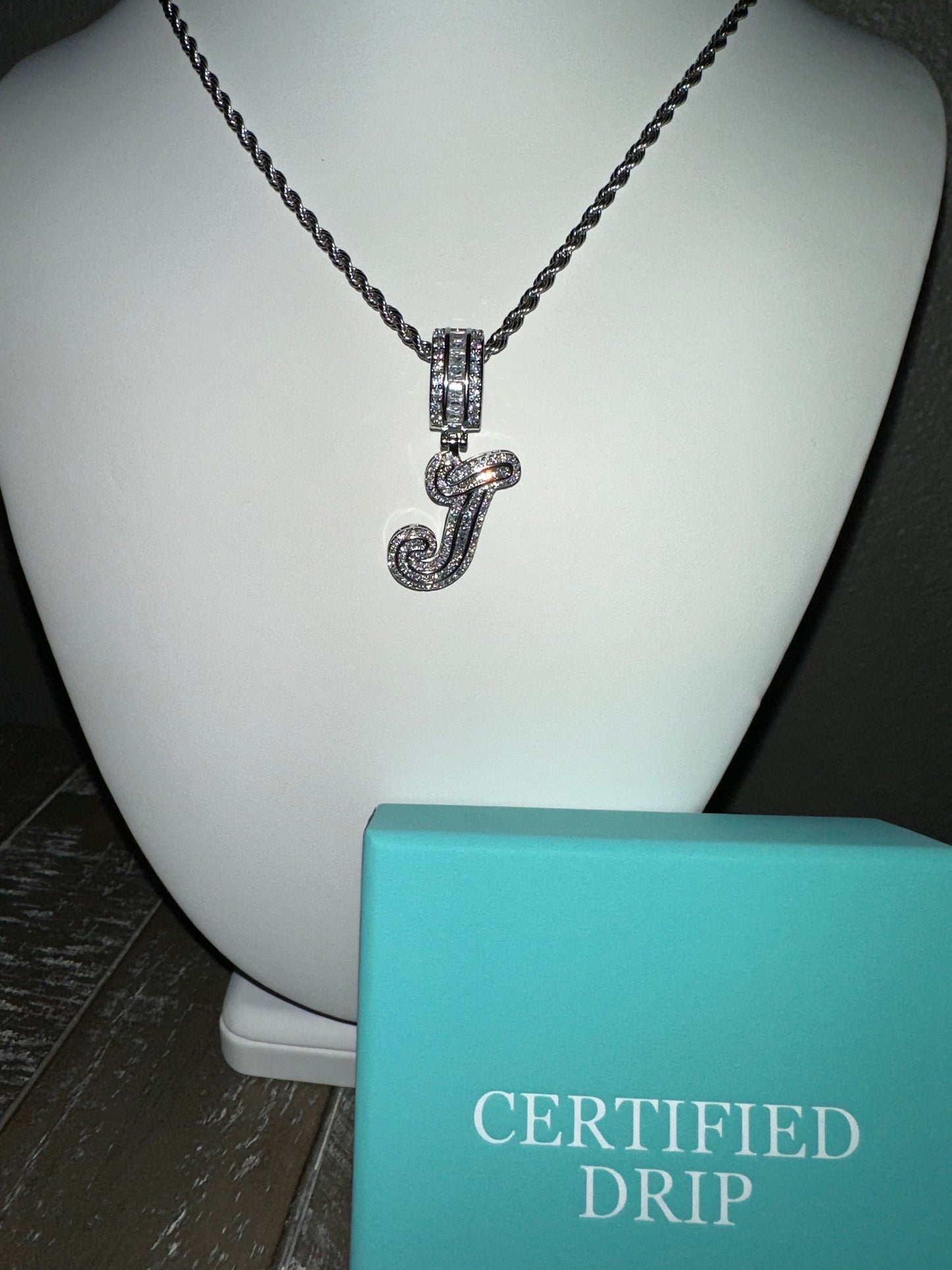 Image of silver Iced Cursive Baguette Letter Pendant