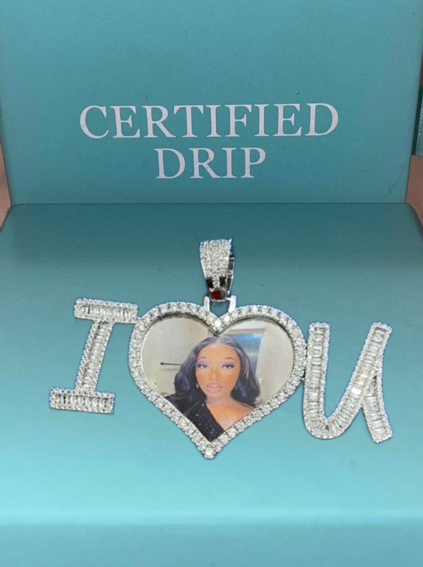 Image of silver iced i love you photo pendant.