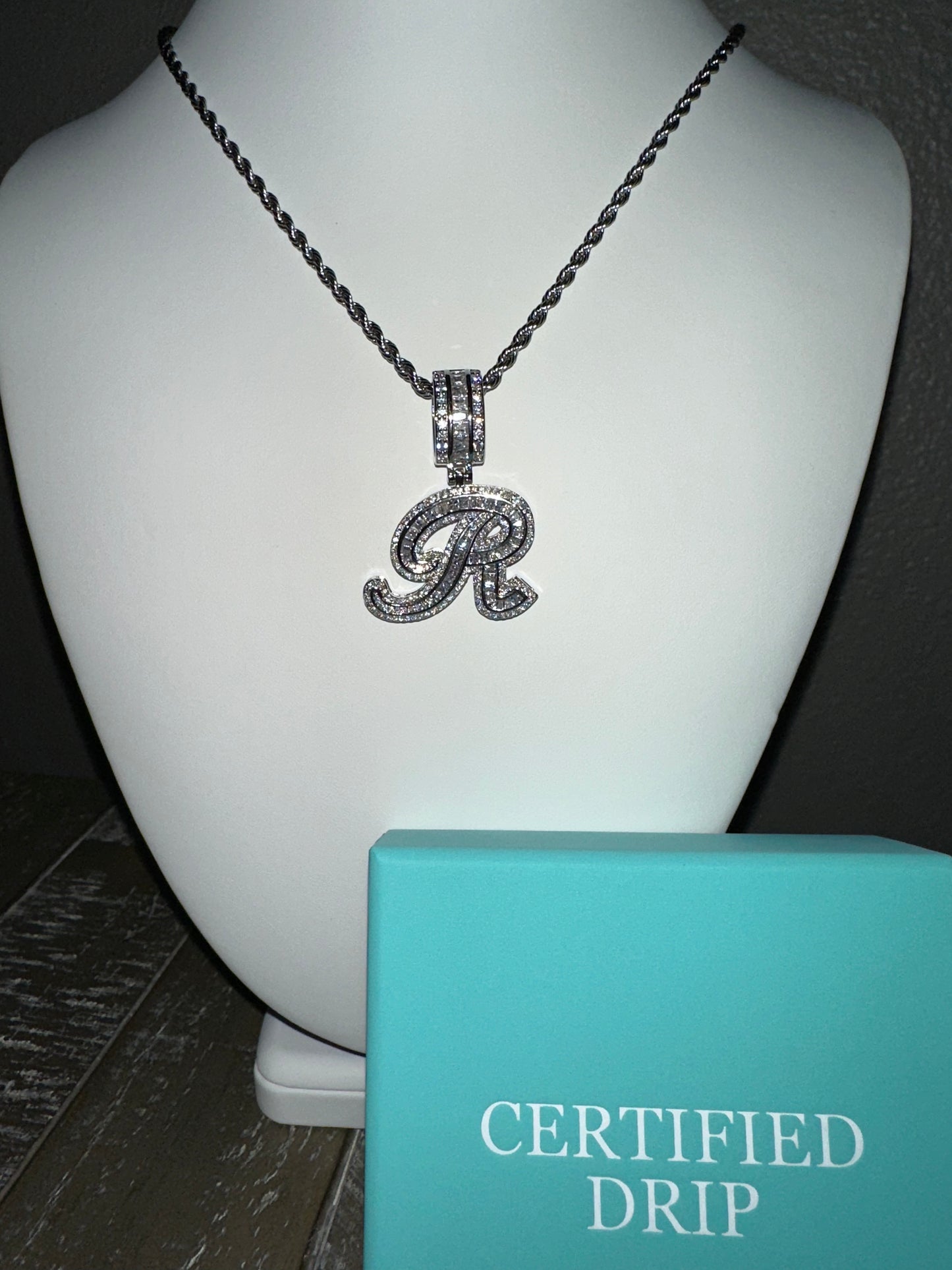 Iced Cursive Baguette Letter Pendant