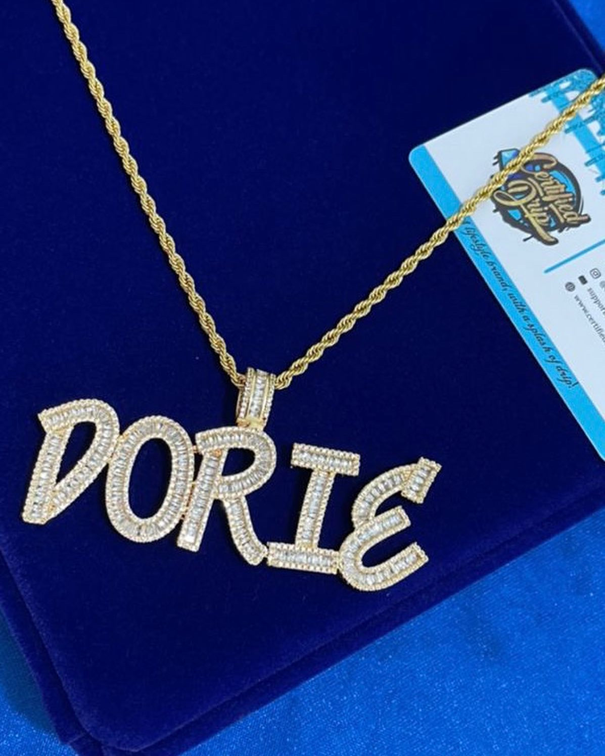 image of Baguette custom name pendant in gold. 