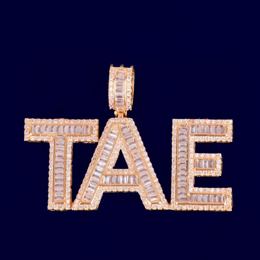 Image of gold Iced Baguette Custom Name Pendant. 