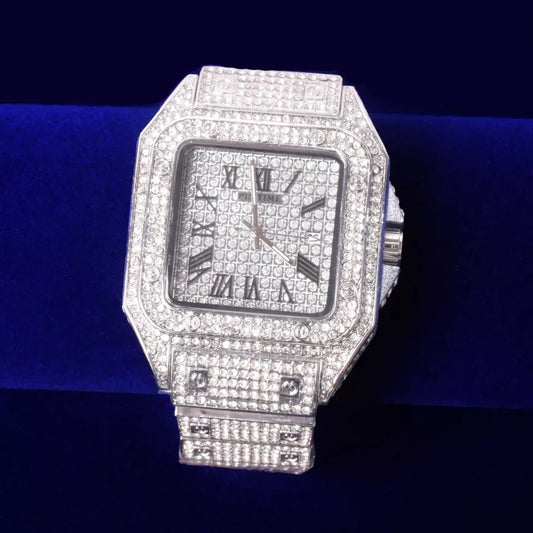 Image of silver iced square watch. 
