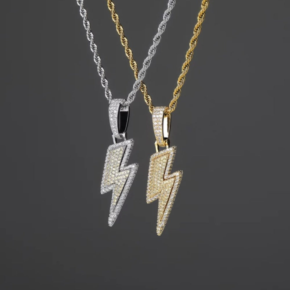 Image of silver and gold icy lightning pendant. 