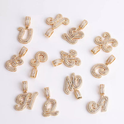 Iced Cursive Baguette Letter Pendant