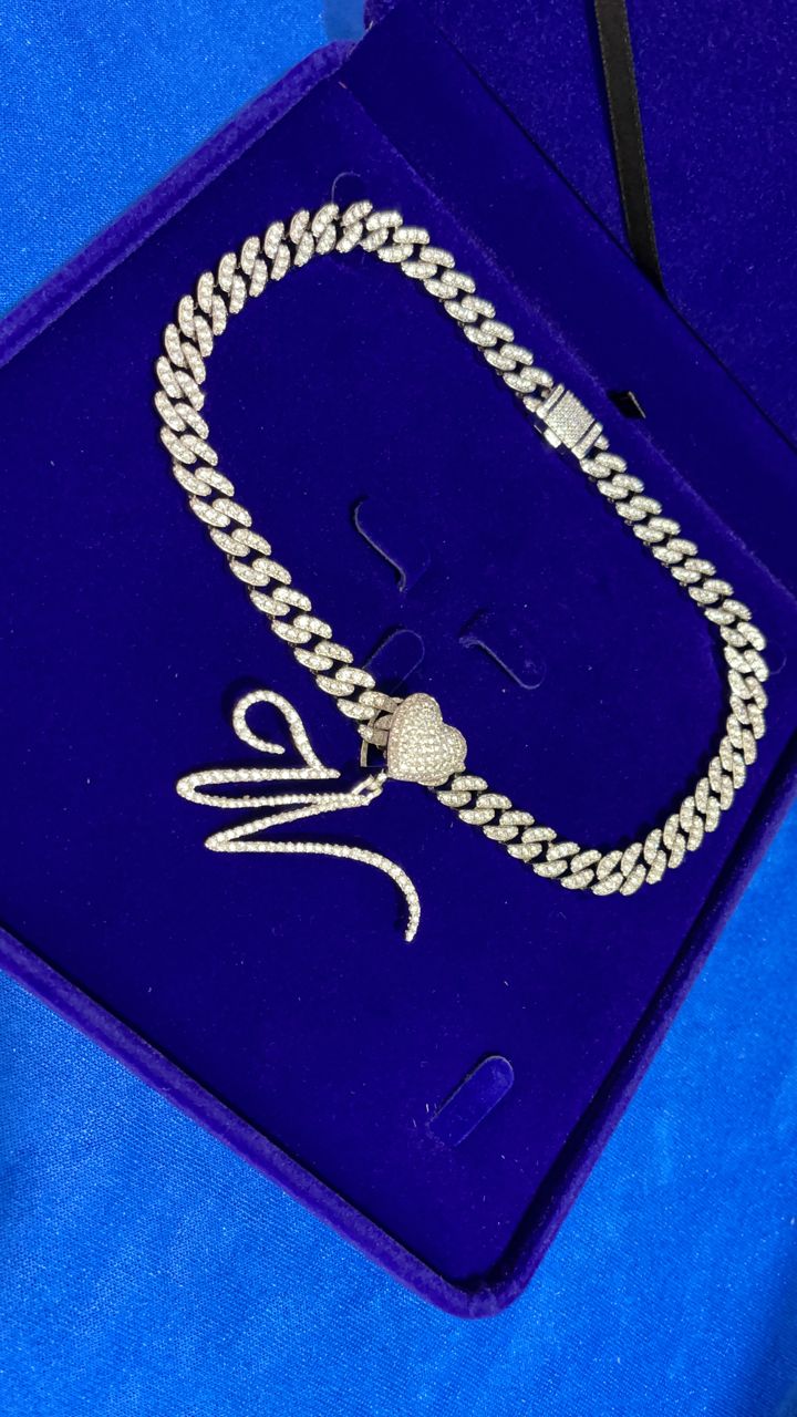 Iced Cuban chain & cursive heart letter pendant bundle