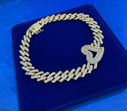 Iced baguette heart choker necklace